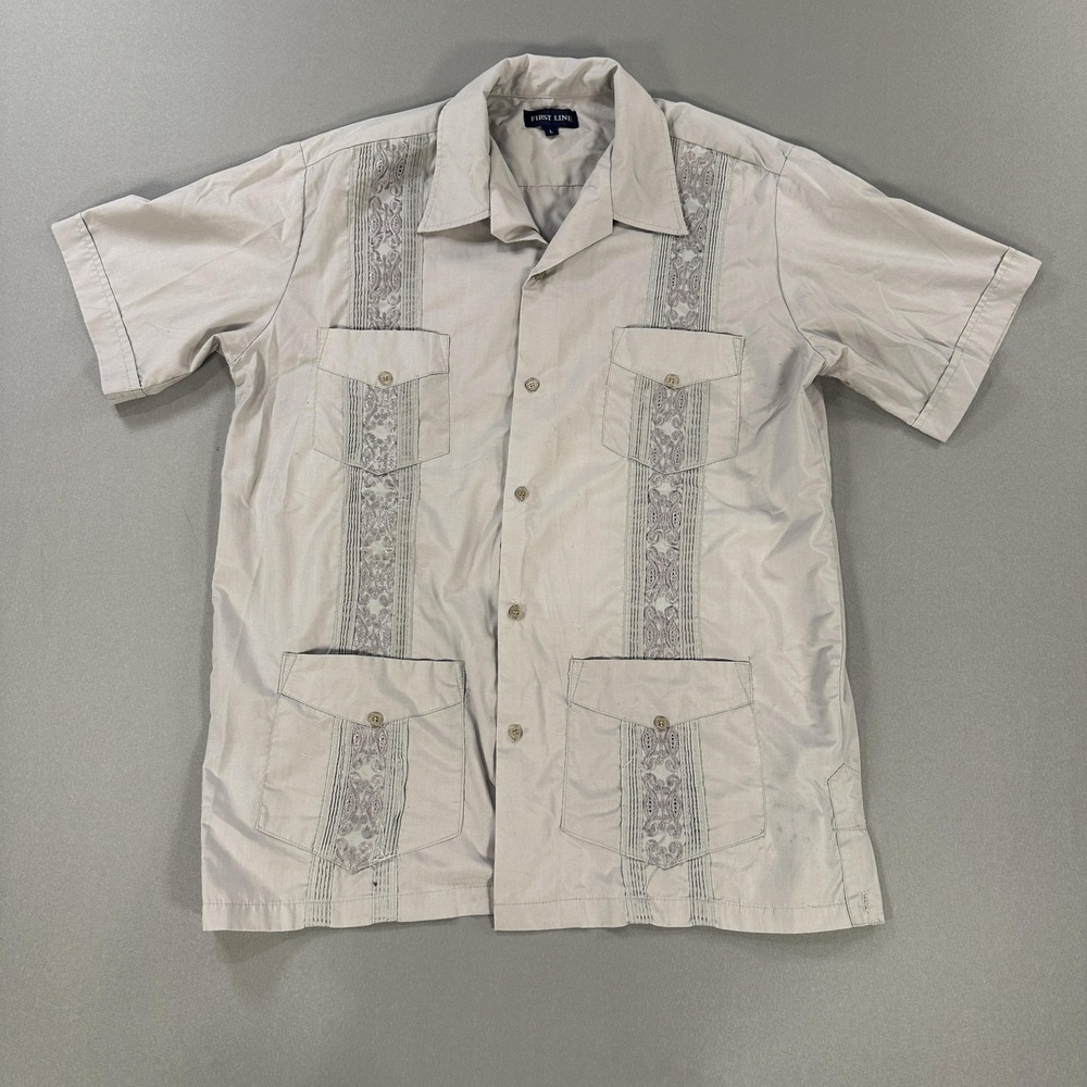 First Line Shirt Mens Large Beige Short Sleeve Button Up Guayabera Embroidered - Picture 1 of 6